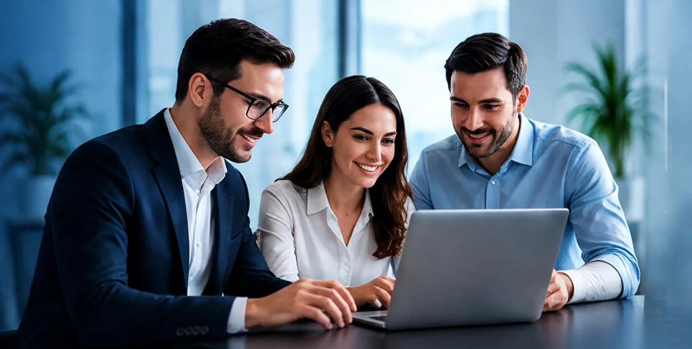 Equipo de consultores de APSO colaborando frente a una laptop